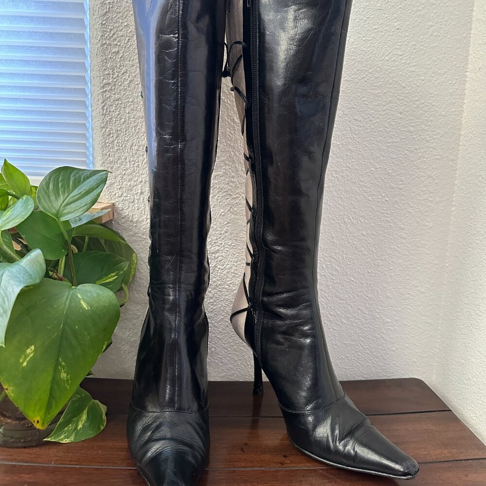 VERY RARE! Vintage Black Leather White/Cream Suede w/Lace Detail Stiletto Boots